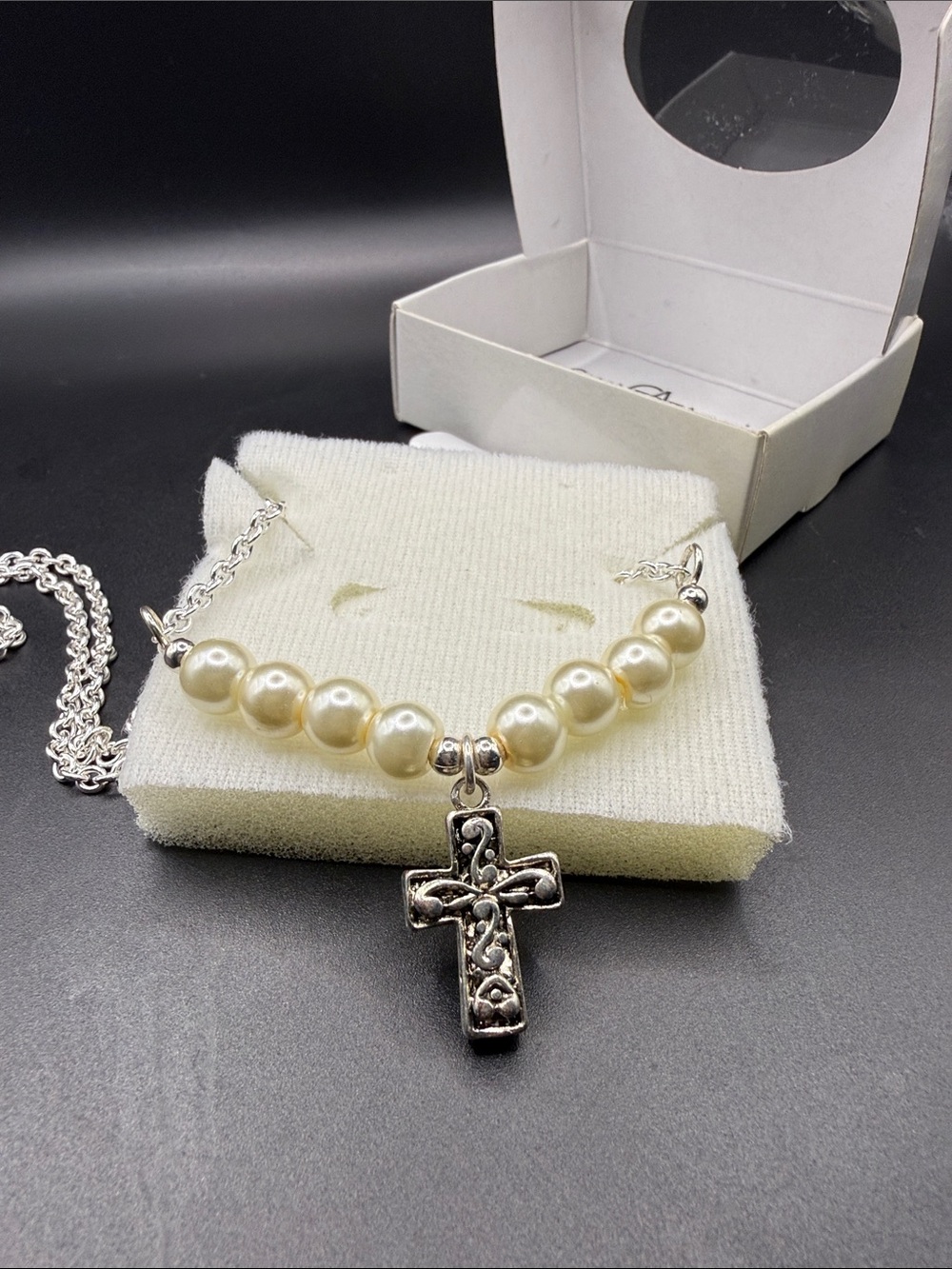 Pearl Beaded Necklace with Silver Cross Pendant - White